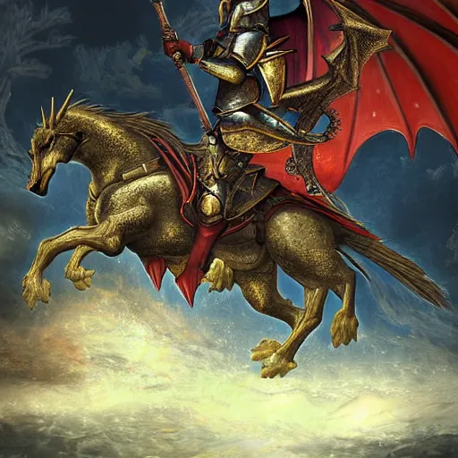 Prompt: battle between a knight and a dragon, epic fight, dragon, knight on a horse, medieval knight, fantasy painting, digital art