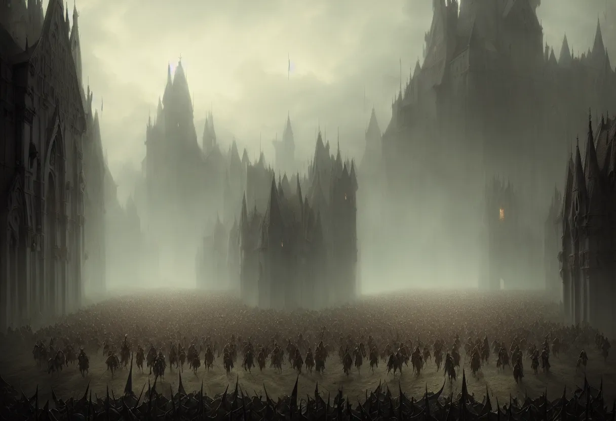 Prompt: beautiful render of a fairytale, tired medieval army marching, ultra high definition, ultra detailed, symmetry, fog, matte painting, by greg rutkowski and ross tran and wlop