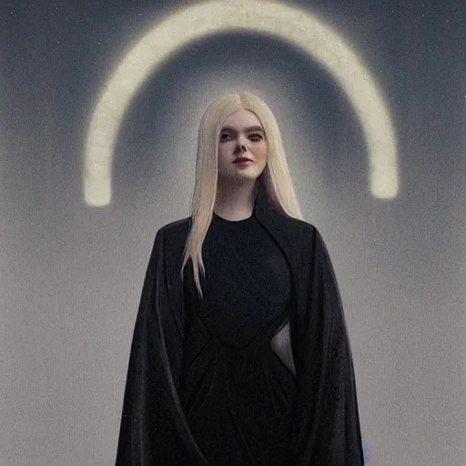 Image similar to Elle Fanning wearing black cultist robes in the style of Paola Vetri, a fire burns on the beach, head and shoulders portrait, stormy weather, extremely detailed masterpiece, oil on canvas, low-key neon lighting, artstation, Blade Runner 2049, Roger Deakin’s cinematography, by J. C. Leyendecker and Peter Paul Rubens and Edward Hopper and Michael Sowa,