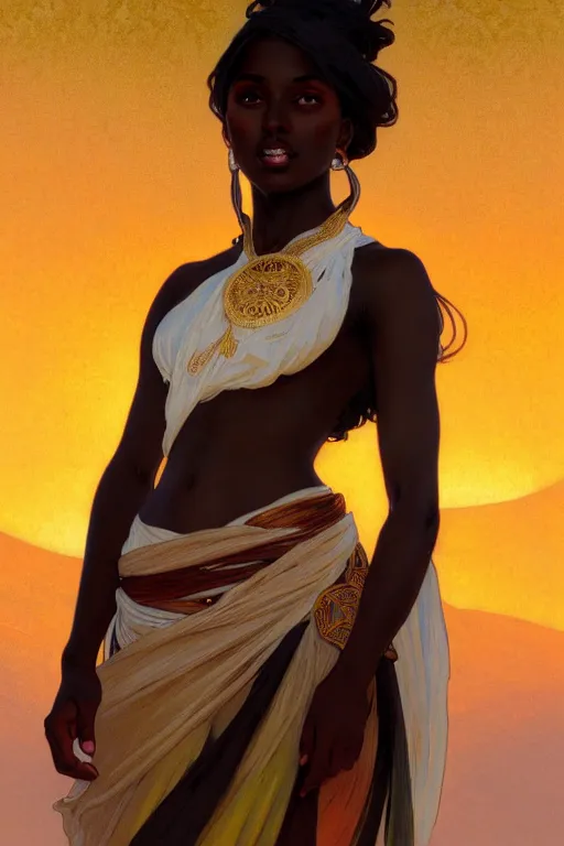 Prompt: full figure beautiful young dark skin woman, covered in multicolored arabian fluent clothes, luminous scene, by greg rutkowski and alphonse mucha, d & d character, gradient white to gold, in front of a dune desert background, highly detailed portrait, digital painting, artstation, concept art, smooth, sharp focus illustration, artstation hq