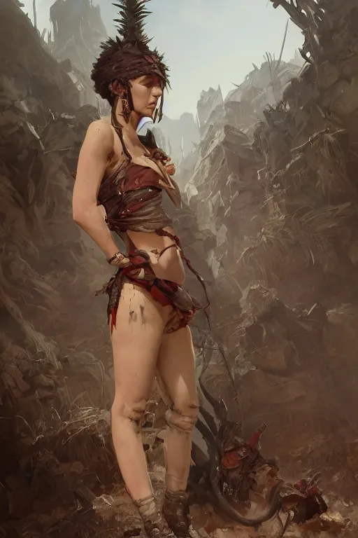 Image similar to a full body portrait of a beautiful post apocalyptic offworld tieflings quarter bedouin blind pulp fiction scarlet wild rogue barbarian leper begging by the roadside, intricate, elegant, highly detailed, digital painting, artstation, concept art, smooth, sharp focus, illustration, art by krenz cushart and artem demura and alphonse mucha