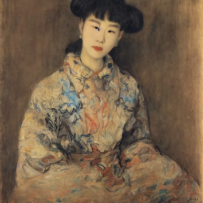 Image similar to abstract portrait of a hyperbeautiful korean woman by adolph menzel, carvaggio