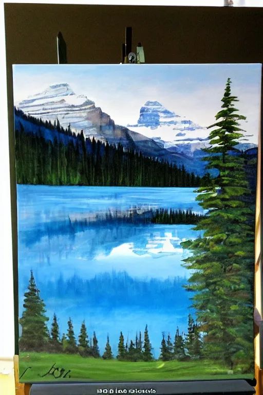 Prompt: bob ross painting of lake louise