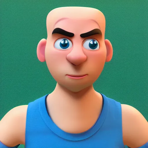 Image similar to handsome thin athletic white man with short buzzed widows peak hair, eyes are blue, facial stubble, wearing tank top, posing outside, depicted as a Pixar character, high quality cg render, 4k