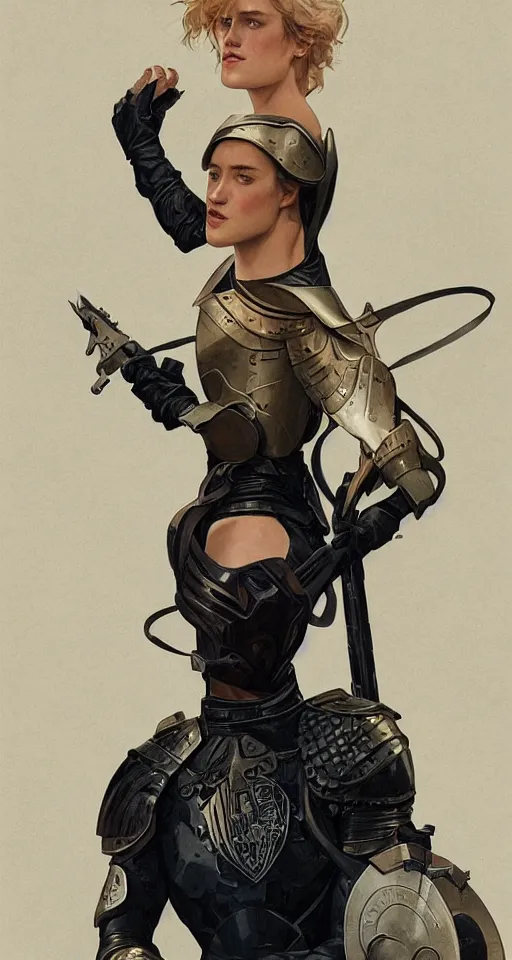 Image similar to mackenzie davis actress wearing black armour with bare legs, mucha, hard shadows and strong rim light, art by jc leyendecker and atey ghailan and sachin teng