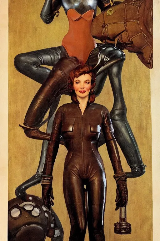 Image similar to 5 0 s pulp scifi fantasy illustration full body portrait slim mature woman in leather spacesuit in room, by norman rockwell, roberto ferri, daniel gerhartz, edd cartier, jack kirby, howard v brown, ruan jia, tom lovell, frank r paul, jacob collins, dean cornwell, astounding stories, amazing, fantasy, other worlds