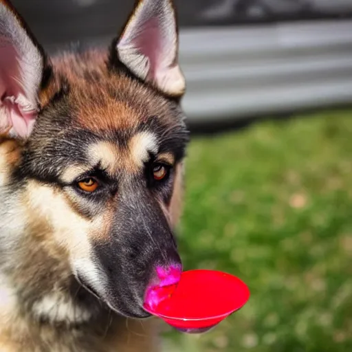 Image similar to german shepard husky mix drinking a bowl of red koolaid