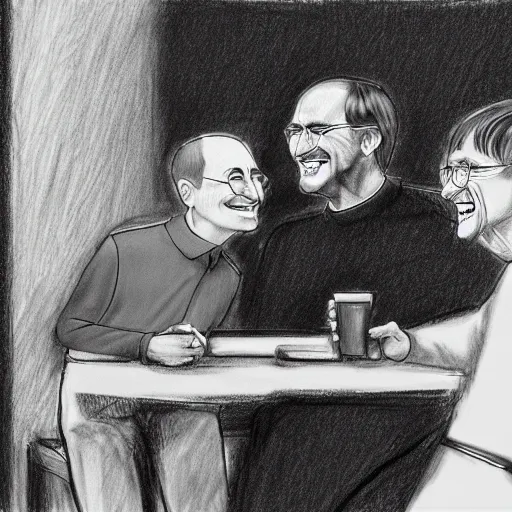 Image similar to Steve Jobs and Bill Gates laughing at an interview, sketch art