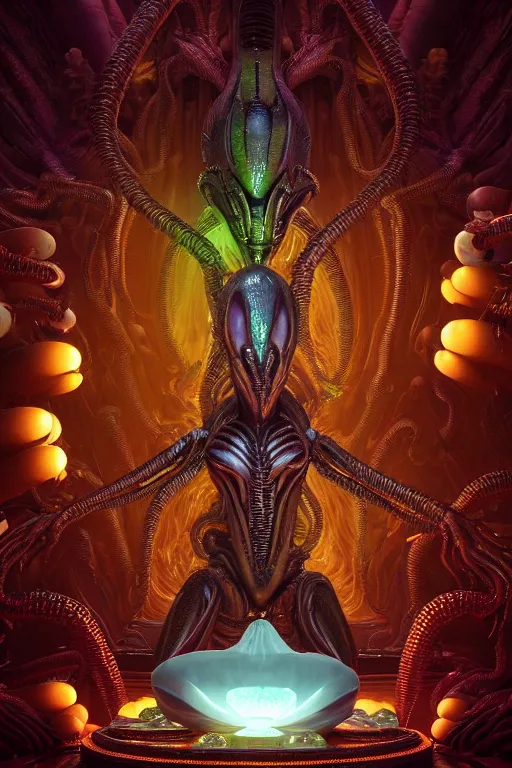 Prompt: glistening elegant queen empress xenomorph alien meditating lotus position surrounded by glowing slimy alien eggs, inside an alien temple shrine. in the style of aliens, by weta workshop, james cameron, h. r. giger, beautiful octane render, extremely intricate, epic composition, cinematic lighting, masterpiece, trending on artstation, cinematic dramatic atmosphere, matte painting