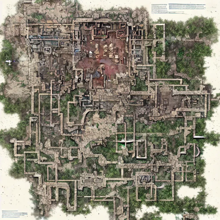 Image similar to full - color fantasy floor plan map of a ruined temple, by greg rutkowski and james gurney, trending on artstation