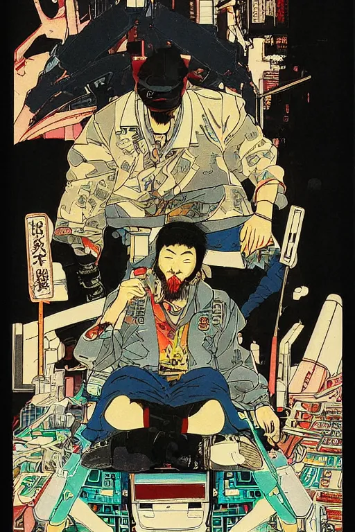 Image similar to awe-inspiring 1980s Japanese cyberpunk style illustration of a grandfather with a beard sitting on the floor by Masamune Shiro and Katsuhiro Otomo, studio ghibli color scheme, dark, complex