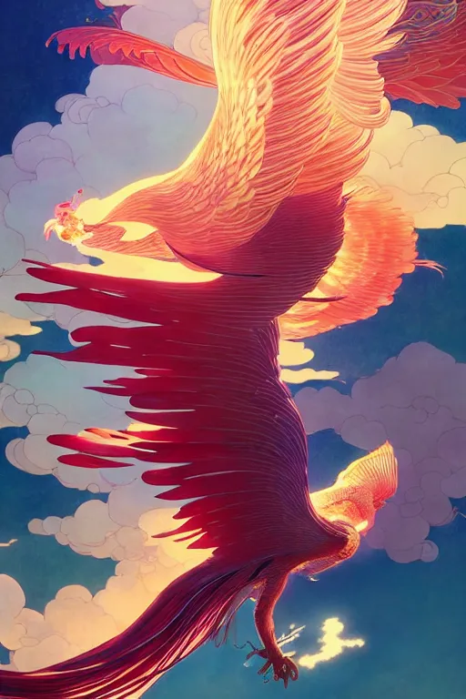 Prompt: victo ngai and lfons mucha painting of a phoenix in the sky, chinese style ， makoto shinkai ， final fantasy, unreal engine 5 highly rendered, global illumination, radiant light, detailed and intricate environment