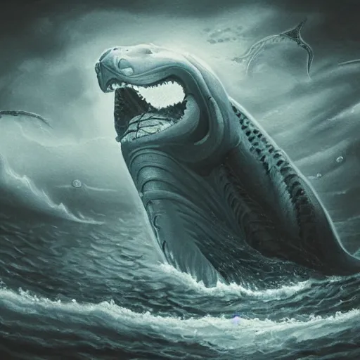 Image similar to sea monster looks like ship, deep dark sea, marine animal, highly detailed, digital painting, smooth, sharp focus