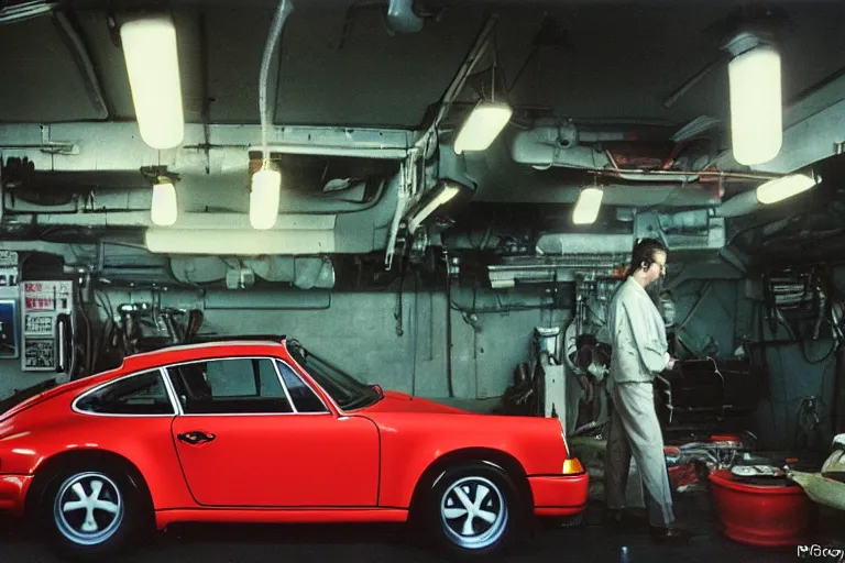 Image similar to a single 1 4 8 0 porsche 9 1 1, inside of a tokyo garage, ektachrome photograph, movie still from bladerunner