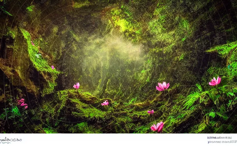 Image similar to a beautiful render of a dark prehistoric rainforest in a humongous cave lush flora patches of sky magenta flowers sunset floating mount