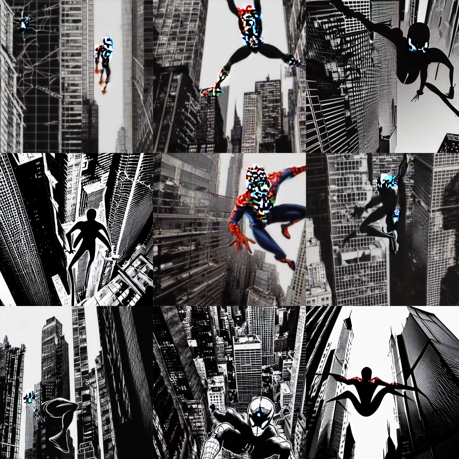 Prompt: spider - man in a torn suit flies between huge skyscrapers by tsutomu nihei, black and white, comic, cinematic, detalized new york background