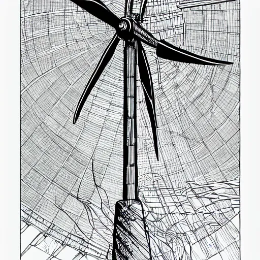 Image similar to hyper detailed comic illustration of a wind turbine blueprint, black ball pen on white paper, by Josan Gonzalez and Geof Darrow, simplistic