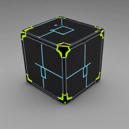 Prompt: small electronic futuristic movie prop, cube, box, power