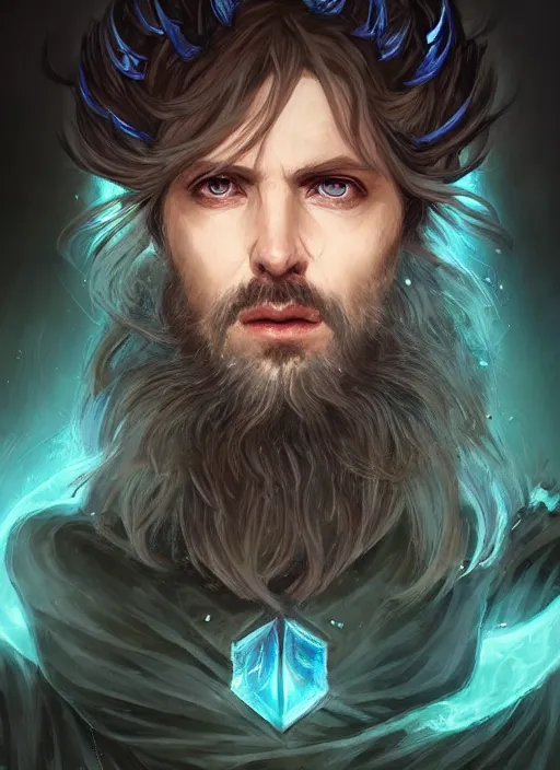 Image similar to hexblade warlock aasimar, teal electricity, male, silver shaggy hair, short scruffy beard, cloak, white eyes, fantasy, extremely detailed, digital painting, artstation, concept art, smooth, sharp focus, illustration, stunning lighting, art by artgerm and greg rutkowski and alphonse mucha and simon stalenhag, realistic character concept, high fantasy, light atmosphere, golden ratio, cinematic lighting, hyperdetailed, high resolution, insanely detailed and intricate, artstation, Marc Simonetti, Greg Rutkowski, 8k, HD, unreal engine