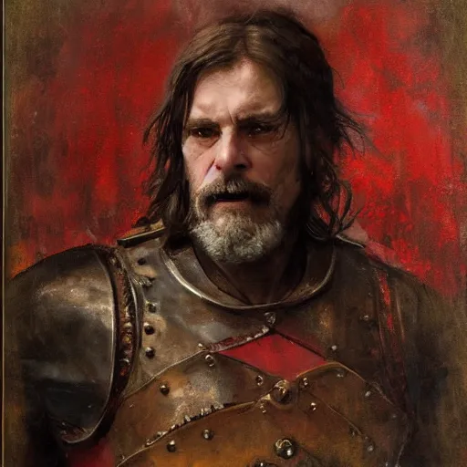 Image similar to Solomon Joseph Solomon and Richard Schmid and Jeremy Lipking victorian genre painting portrait painting of a old rugged movie actor medieval french english german knight character in fantasy costume, red background