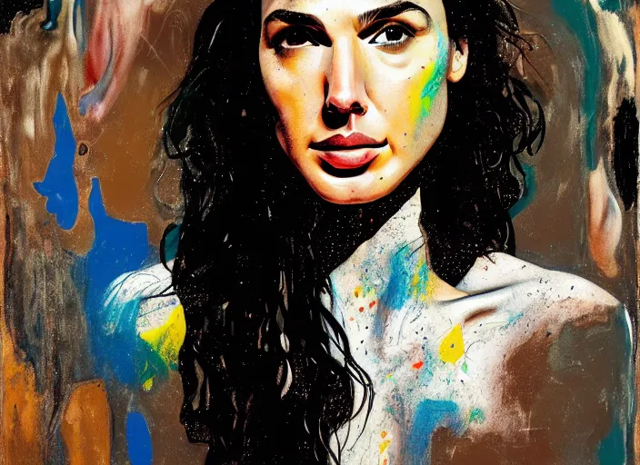 Image similar to portrait of gal gadot, by vincent lefevre and hernan bas and pat steir and hilma af klint, psychological, photorealistic, dripping paint, washy brush, rendered in octane, altermodern, masterpiece