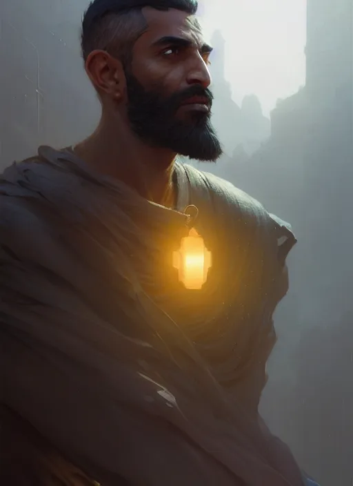 Prompt: highly detailed portrait arab man superhero, fighter, yellow charcoal, stephen bliss, 8 k, unreal engine, fantasy art by greg rutkowski, loish, rhads, ferdinand knab, makoto shinkai and lois van baarle, ilya kuvshinov, rossdraws, tom bagshaw, global illumination, radiant light, detailed and intricate environment