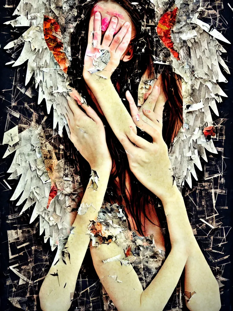 Image similar to a young adult angelgirl soft crying with lots of hands on her face and ratty feathered angel wings, stressed and burnt out, collage effect, collaged, torn paper, torn paper collage, overexposure, overexposed, high exposure