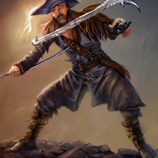Image similar to Full body shot of pirate Captain wielding a sandstone rapier and sandstone dagger. Wearing a hat with an impressive feather and with a brutal scar across his neck. Dark magic, necromancy, dark lighting, flux. High fantasy, digital painting, HD, 4k, detailed