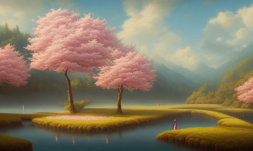 Image similar to a beautiful landscape matte painting of cherry trees with petals flying in the sky, beside a river, by christophe vacher, trending on artstation