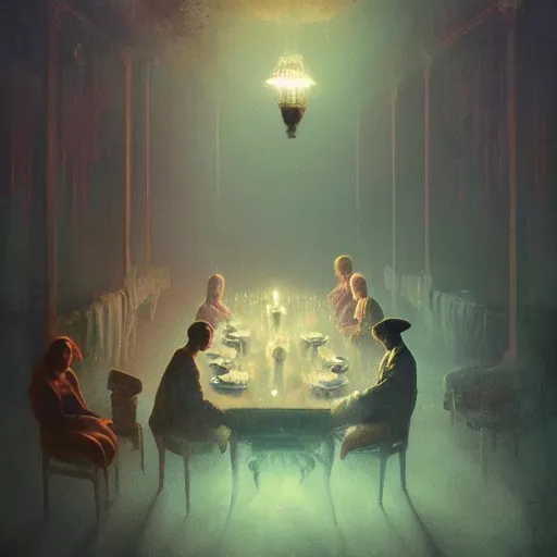 Prompt: The dinner with all the dead people I knew, By Delphin Anjolras, by Ismail Inceoglu, by Emiliano Ponzi, ghosts