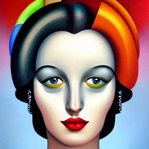 Image similar to colorful art deco portrait, an ultrafine detailed painting by rafal olbinski, thomas cole, behance contest winner, pop surrealism, detailed painting, very detailed, minimalist, skeuomorphic, airbrush art