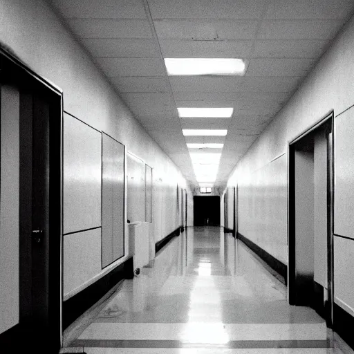 Image similar to liminal space of a hospital, long hallway, exit sign at the end, white walls, white tiles