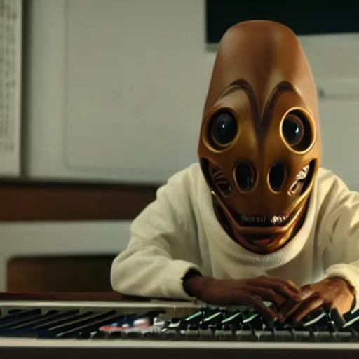 Image similar to cinematic film still of Pharrell Williams Making A Beat with an anthropomorphic alien, Japanese VFX, 2018, 400mm lens, f1.8, shallow depth of field,film photography