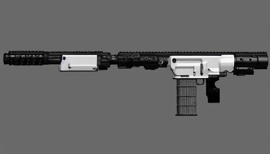 Image similar to extremely detailed ultra realistic side view photo sci fi minimalist coilgun rifle, detailed trigger, chemically propelled, electric, smooth streamline, elegant sleek smooth body, white paint, wires, railgun, chemrail, gauss, smooth utopian design, ultra high quality, octane, cod, destiny, warframe, terminator