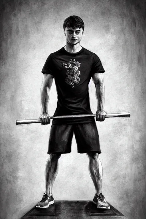 Image similar to highly detailed rendering of Daniel Radcliffe as Harry Potter doing barbell back squats, dingy workout gym, wearing a muscle tee shirt, muscular deep squats, symmetrical, highly detailed, digital painting, artstation, concept art, smooth, sharp focus, illustration, cinematic lighting, art by artgerm and greg rutkowski and alphonse mucha