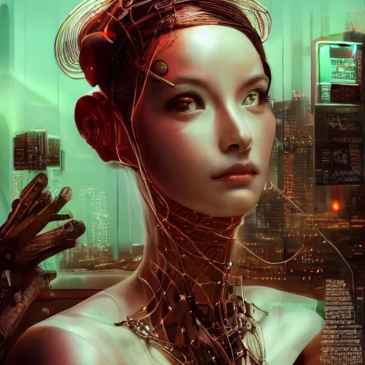 Image similar to the portrait of an absurdly beautiful, graceful, sophisticated, fashionable cyberpunk gynoid gravure idol, an ultrafine hyperdetailed illustration by kim jung gi, irakli nadar, intricate linework, neon wiring, porcelain skin, unreal engine 5 highly rendered, global illumination, radiant light, detailed and intricate environment