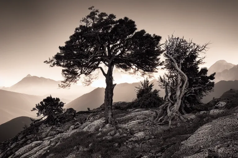 Image similar to A beautiful landscape photography of Ciucas mountains mountains, a dead intricate tree in the foreground, sunset, dramatic lighting by Anselm Adams and Albrecht Durer,