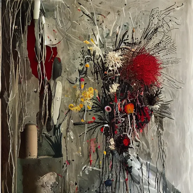 Image similar to “ a portrait in a female art student ’ s apartment, sensual, australian wildflowers, flax, flannel flower, bottlebrush, half - finished sculpture, sculpture work in progress, a candle dripping white wax, clay, squashed berries, berry juice drips, acrylic and spray paint and oilstick on canvas, surrealism, neoexpressionism ”