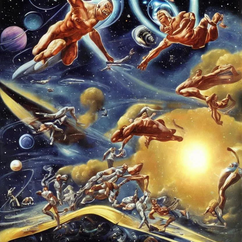 Image similar to silver surfer surfing by planets in space. action shot. pulp sci - fi art for omni magazine. high contrast. baroque period, oil on canvas. renaissance masterpiece.