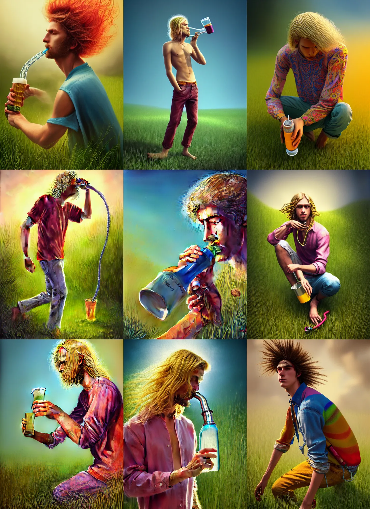 Prompt: a hippie young man with blonde hair endings, crouching, drinking beer from a funnel installed on a garden hose, colourful clothes, grass, smooth, subtle shadows, fine details, octane render, stunning, intricate, elegant, highly detailed, digital painting, artstation, smooth, sharp focus, raw, art by zdzislaw beksinski