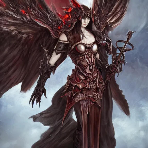 Image similar to a female angel with a dark armour and one pair of vig devil wings, d & d, fantasy, highly detailed, digital art, artstation, smooth, sharp focus, fantasy illustration, art by peter tang and artgem and alina ivanchenko and hirokazu yokohara and kago shintaro