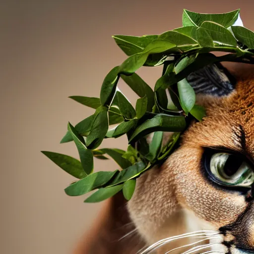 Prompt: caracal, laurel wreath on his head, in laurel wreath, dressed in laurel wreath, has a laurel wreath, fullbody photo, cinematic, high detail, cinematography, vfx, 8 k