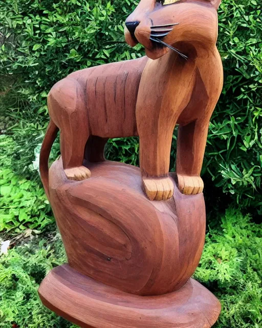 Prompt: wooden carving statue of a cougar, product picture, ebay listing thumbnail