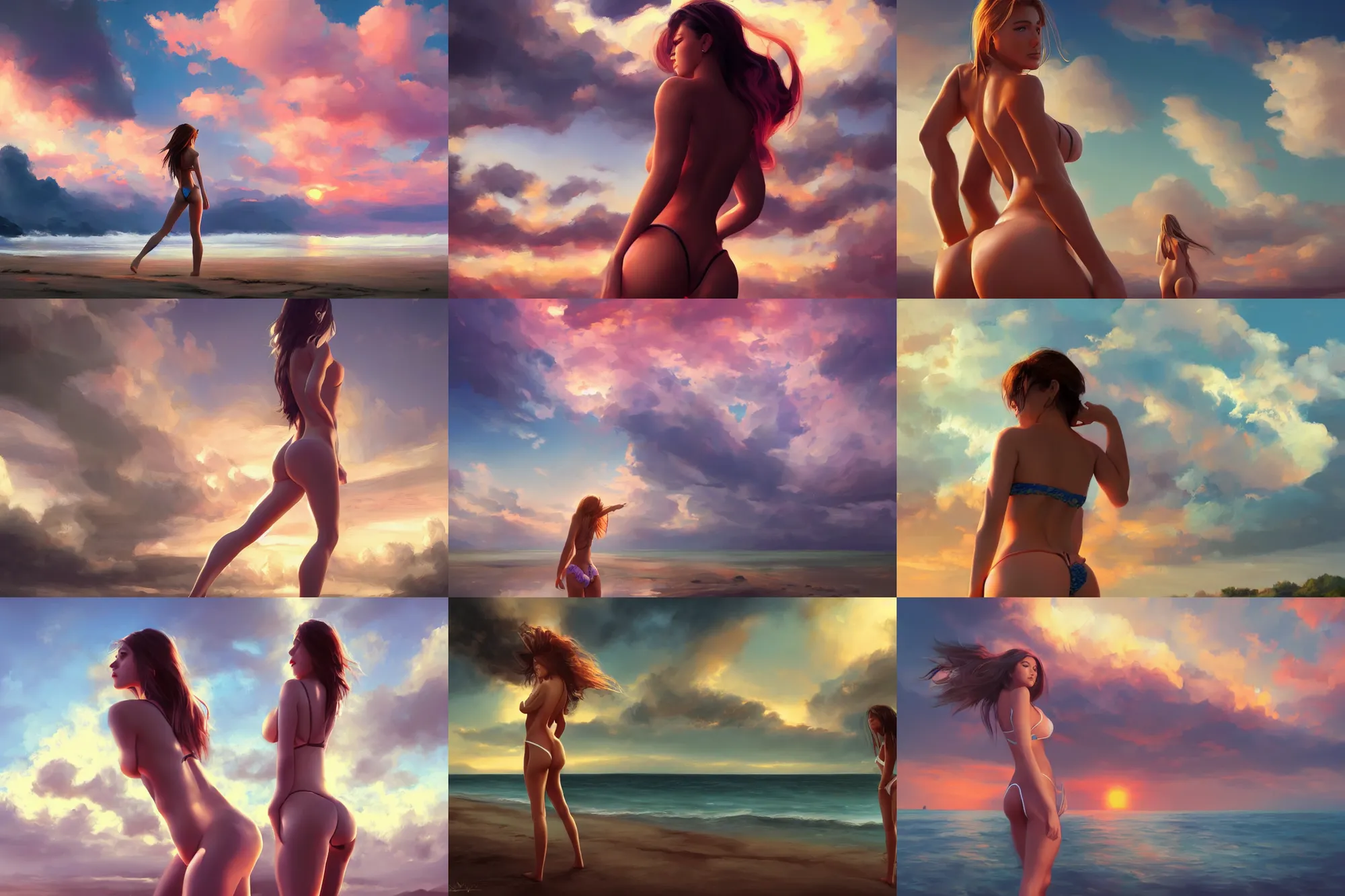 Prompt: full body rear shot of a pretty girl in micro bikini, digital art by wlop and mandy jurgens, artstation contest winner, cinematic paint. dramatic cloud in background. sunset