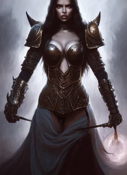 Image similar to a beautiful woman with horns and armor, victorian armor, adriana lima, painted by artgerm and tom bagshaw, fantasy art, dramatic lighting, highly detailed oil painting, volumetric lighting