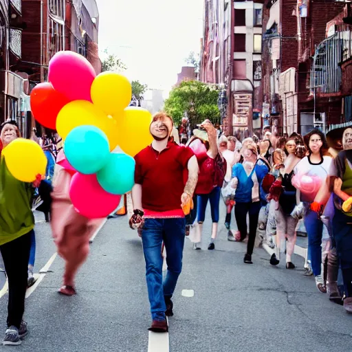 Prompt: A large group of people parading through the street each holding balloons, calm afternoon, natural lighting.