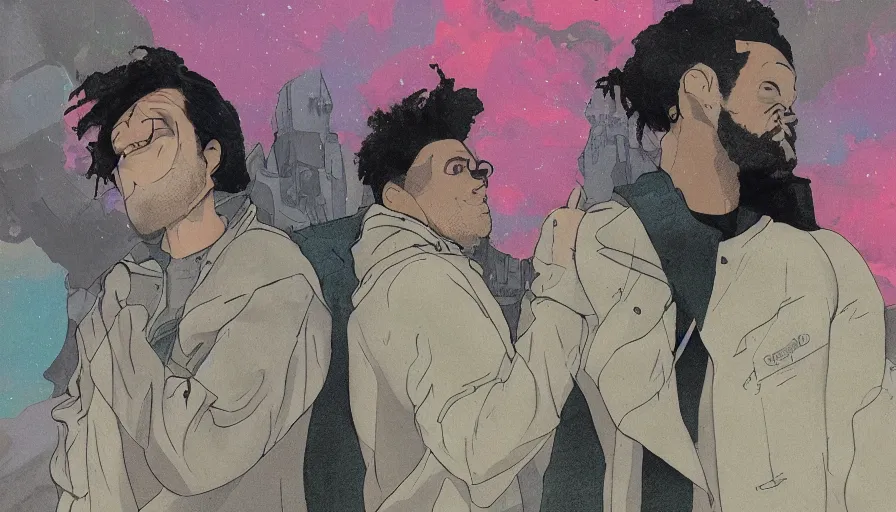 Image similar to the weeknd and drake by studio ghibli, digital art, sharp focus, 4 k, sunset beach, foggy, neon