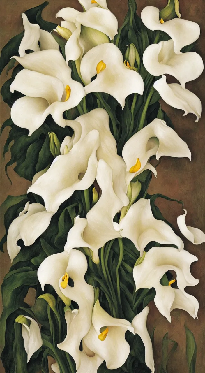 Image similar to portrait of a cream colored havanese dog with a bouquet of calla lillies, mexico, painting by diego rivera realism 1 9 3 5