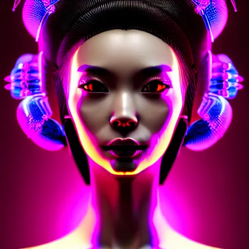 Image similar to half body portrait of an absurdly beautiful, graceful, sophisticated, fashionable asian cyberpunk mechanoid gravure idol, hyperdetailed illustration by irakli nadar, maria borges, matt wisniewski style, intricate linework, dark black skin, neon jellyfish headdress, carved bone ruff, unreal engine 5 highly rendered, global illumination, radiant light, detailed and intricate environment