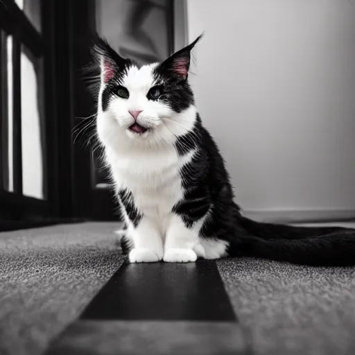 Prompt: very cute huge calico main coon plays with black-white shorthair domestic cat in office, portrait, pixar style, cinematic lighting, award winning creature portrait photography